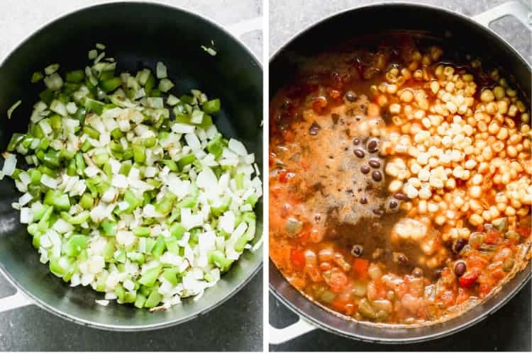 Two process photos for making fajita soup in a pot.