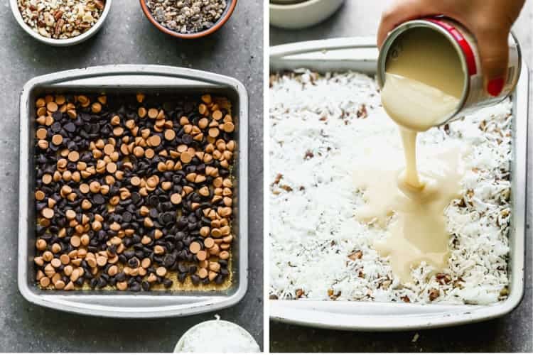 Two process photos for making magic bars including a pan with crust and chocolate chips, then coconut added and sweetened condensed milk poured on top.