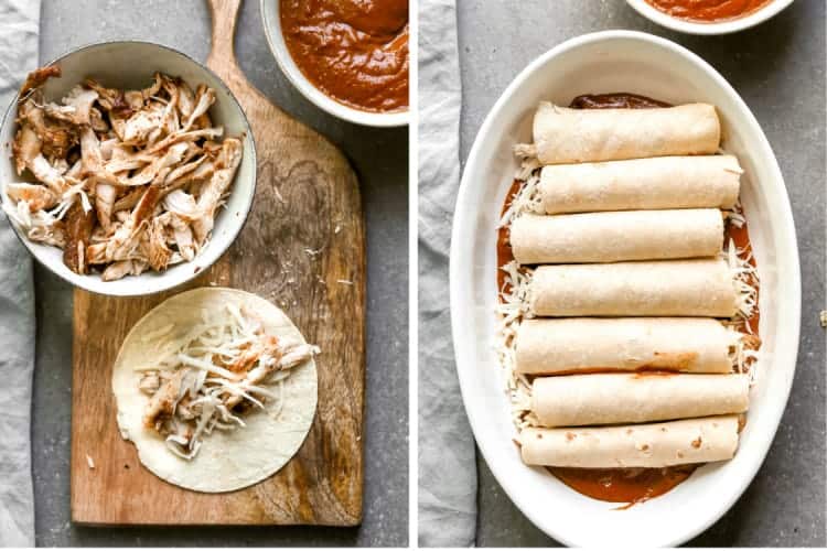 Two process photos for making mole enchiladas including chicken and cheese on a corn tortilla, and filled tortillas placed in a baking dish.