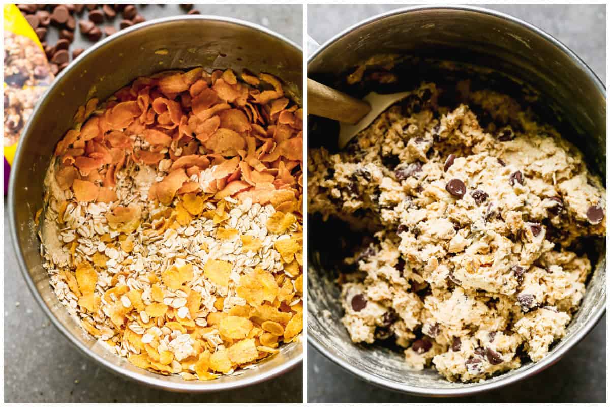 Two images showing oats and cornflakes added to a cookie dough then after the chocolate chips are folded in for the best cowboy cookie recipe.