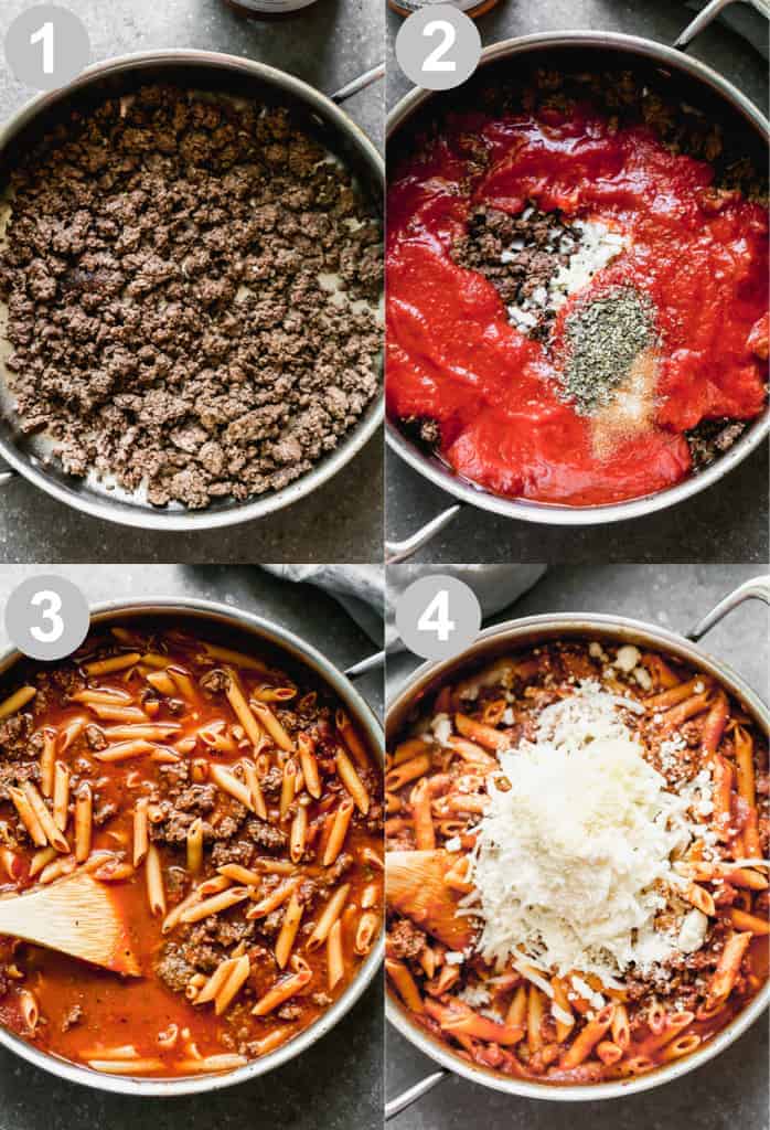 Four process photos for making skillet lasagna including browning the meat, adding sauce and spices, water and pasta, then cheese.