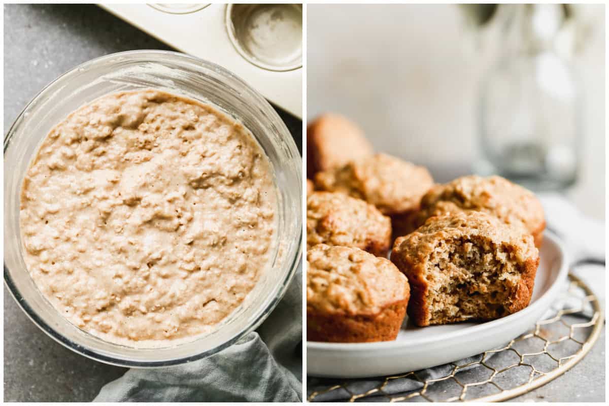 Two images showing how to make banana oatmeal muffins by mixing the batter then baking and serving on a plate.