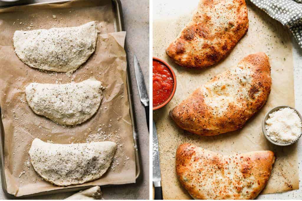 Two process photos of calzones on a baking sheet before and after baked.
