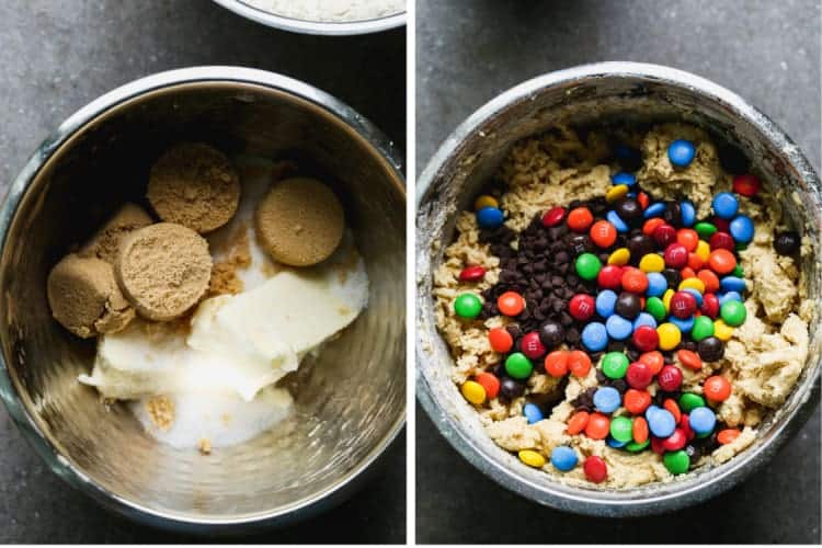 Two process photos for making M&M cookie dough in a mixing bowl.