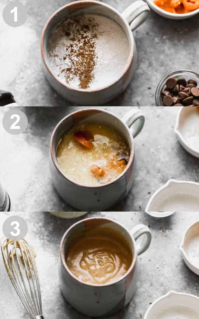 Three process photos for mixing the ingredients for pumpkin mug cake, in a mug.