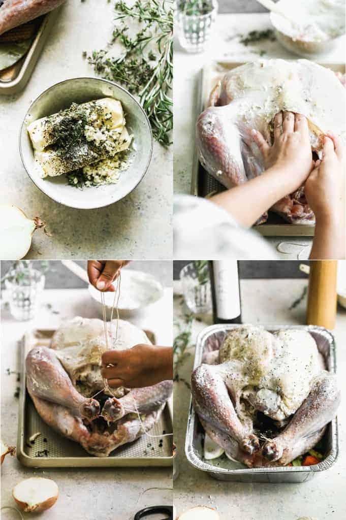Four process photos for preparing and seasoning a turkey to cook in a smoker or grill.