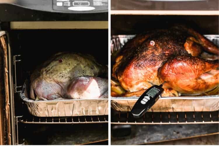 Side by side photos of a how turkey in a smoker before and after it has cooked.