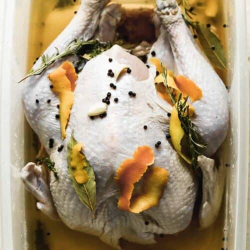 A full uncooked turkey in a large plastic container with brine.