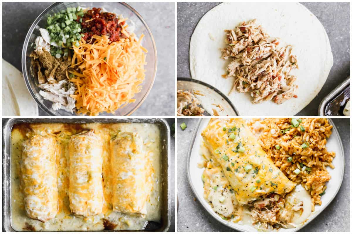 This simple chicken burrito recipe is made with fresh ingredients and plenty of chicken. We bake it until it's crispy then pour on the best creamy sauce. It's incredible!