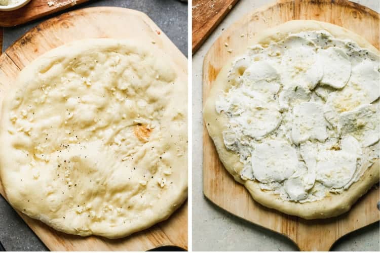 Two process photos for adding toppings to pizza crust.