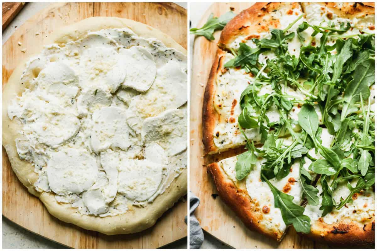Two process photos for making a white cheese pizza, and adding fresh arugula after it's baked.