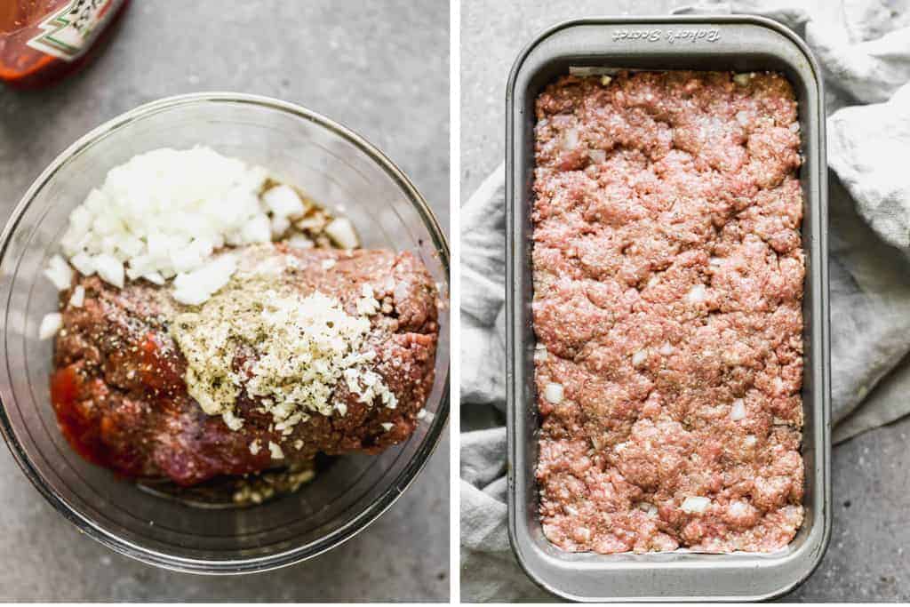 Meatloaf mixture in a mixing bowl, then pressed into a loaf pan, ready to bake.