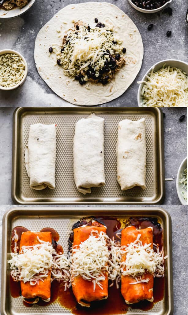 Three process photos for filling, rolling and assembling wet burritos.