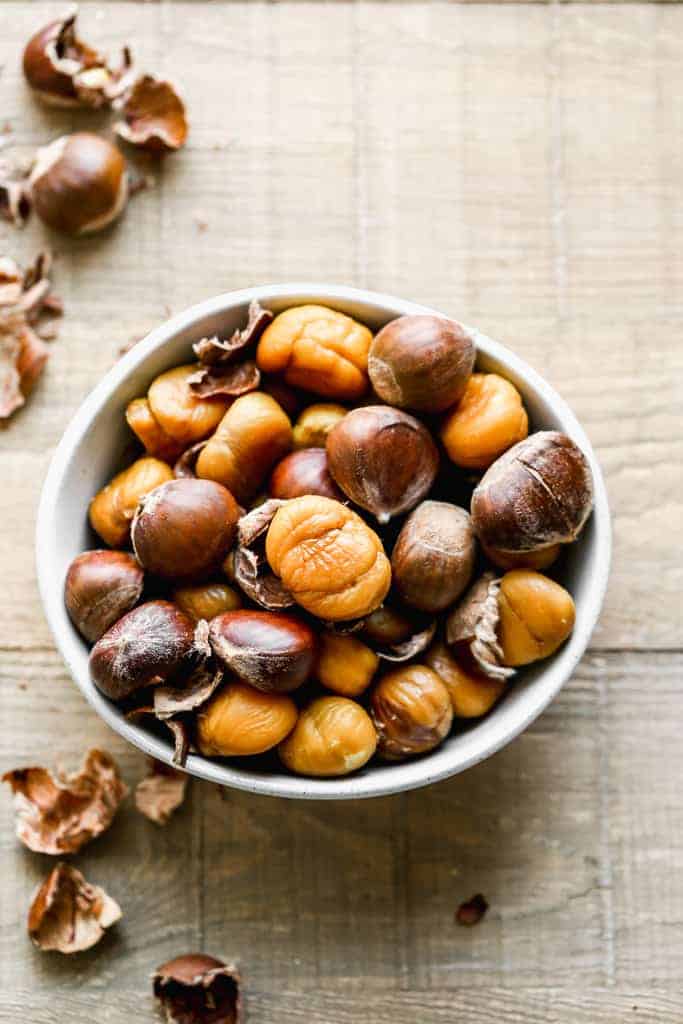 A bowl of peeled, Roasted Chestnuts.