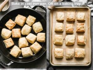 Side by side photos of Angel Biscuits in a cast iron pan, and on a parchment-lined baking tray.
