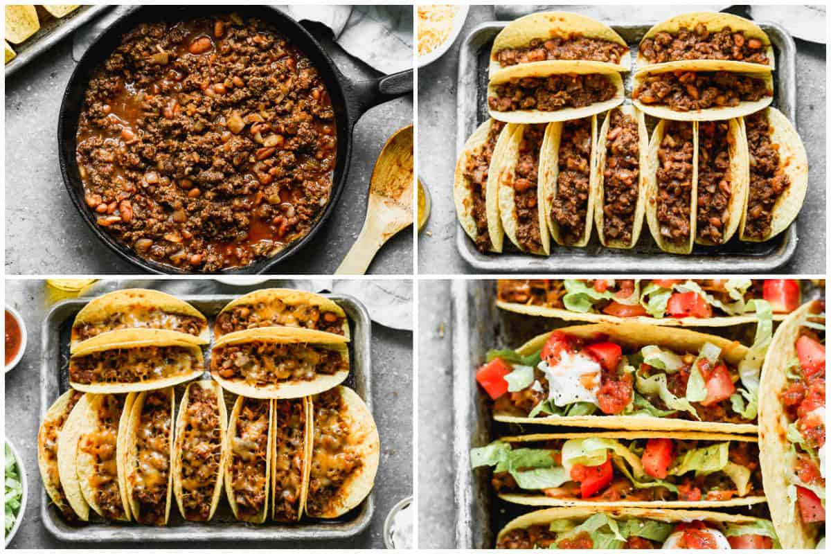 Four images showing how to make sheet pan tacos by cooking the ground beef mixture, filling the shells, adding cheese and baking, then adding the toppings.