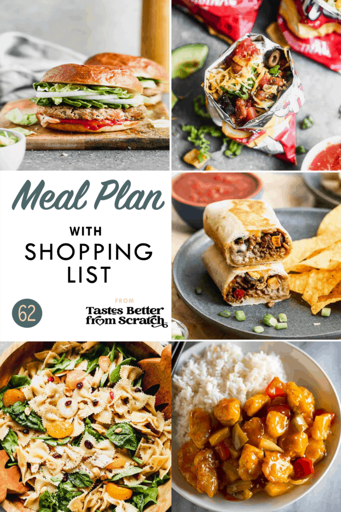 A collage of dinner recipes images comprising a weekly meal plan