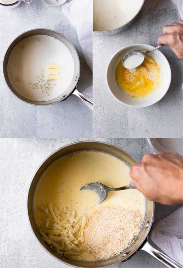 Three process photos for making homemade alfredo sauce in a saucepan.