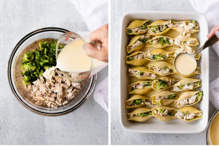 Shredded chicken and broccoli in a bowl with with alfredo sauce poured on top, next to a photo of jumbo shells in a baking dish filled chicken, cheese and Alfredo sauce.