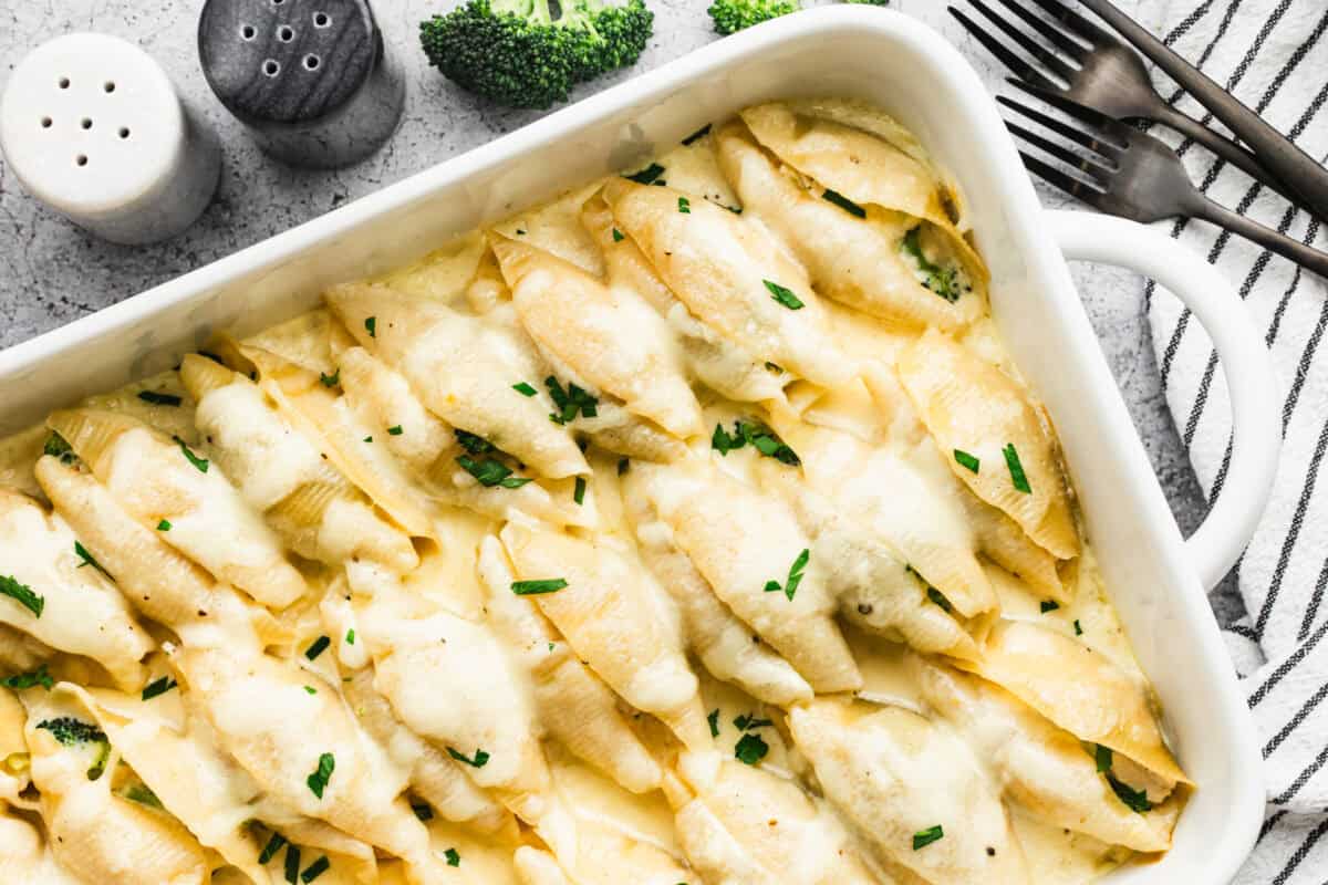 Jumbo shells stuffed with a creamy chicken, broccoli and Alfredo filling then baked with mozzarella until golden and bubbly. A crowd-pleasing dinner that comes together easily!