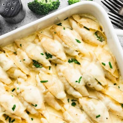 Jumbo shells stuffed with a creamy chicken, broccoli and Alfredo filling then baked with mozzarella until golden and bubbly. A crowd-pleasing dinner that comes together easily!