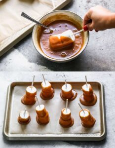 Two process photos for dipping marshmallows in caramel, then placing on a baking tray.