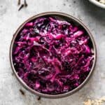 Cooked Rotkohl German red cabbage, served in a bowl.