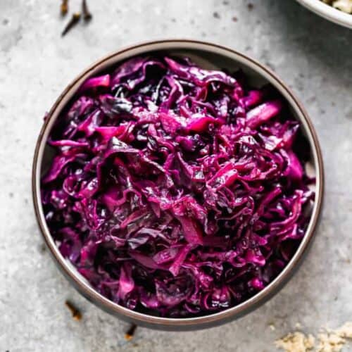 Cooked Rotkohl German red cabbage, served in a bowl.