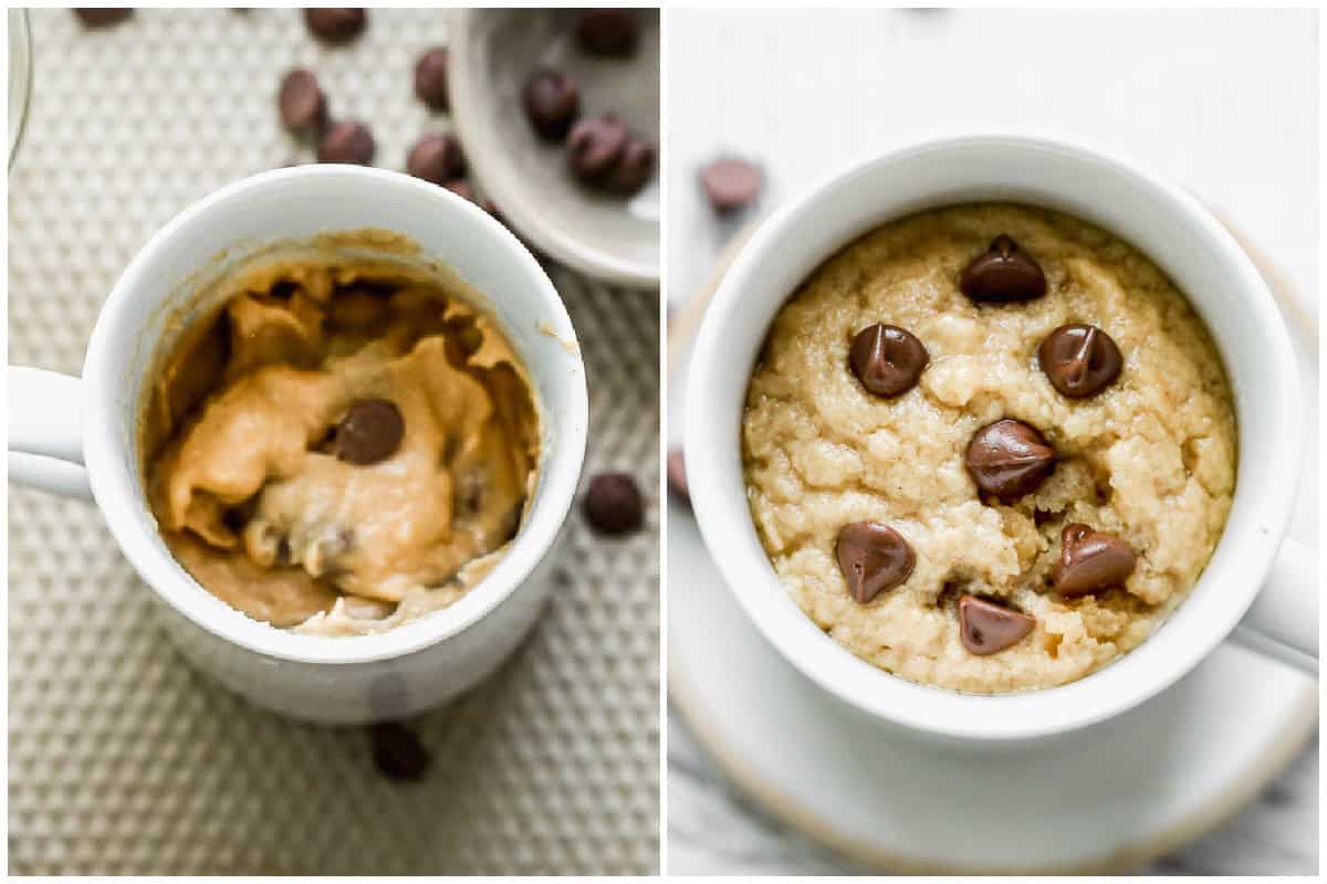 Two images showing how to make a peanut butter cake in a mug by mixing the ingredients then microwaving until set and sprinkling some chocolate chips on top.
