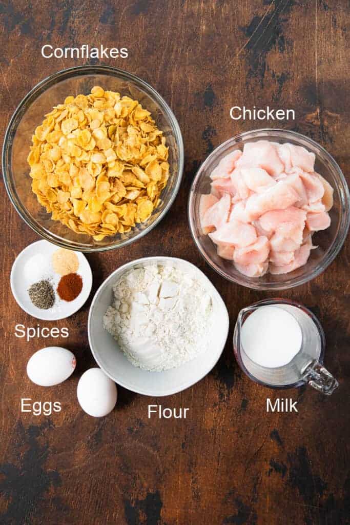 The ingredients needed to make popcorn chicken.