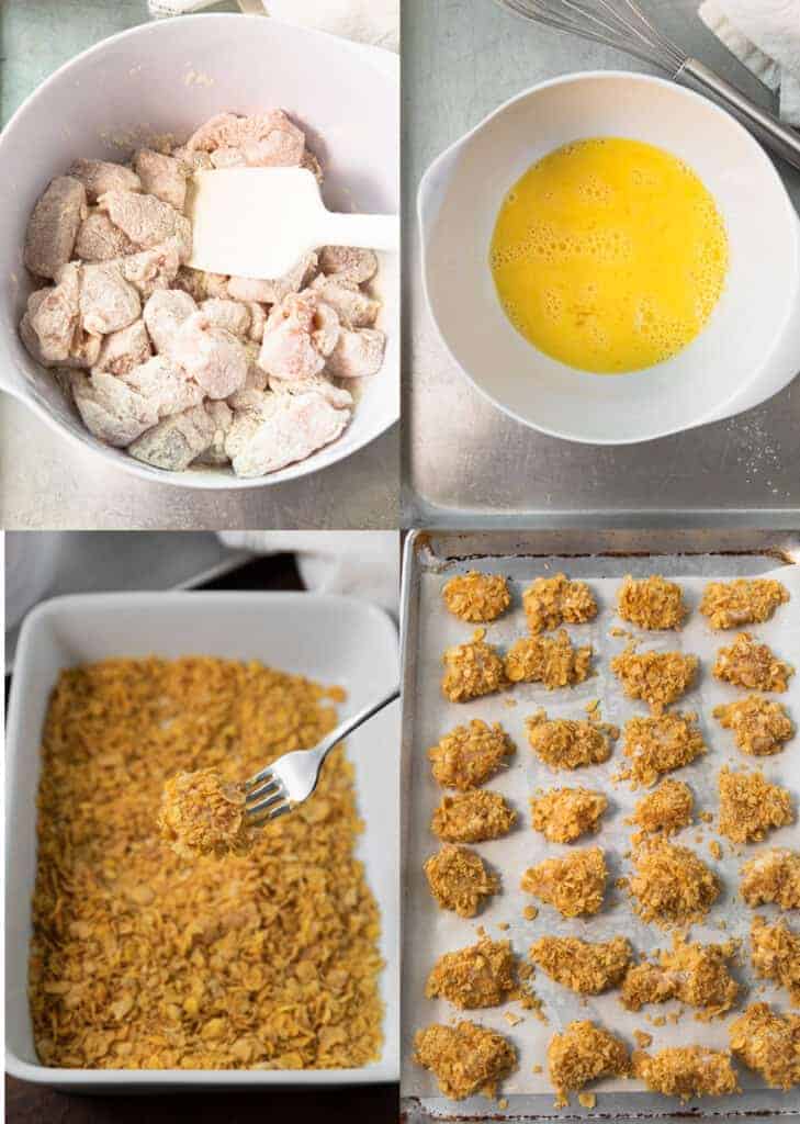 Four process photos for preparing Popcorn Chicken. 