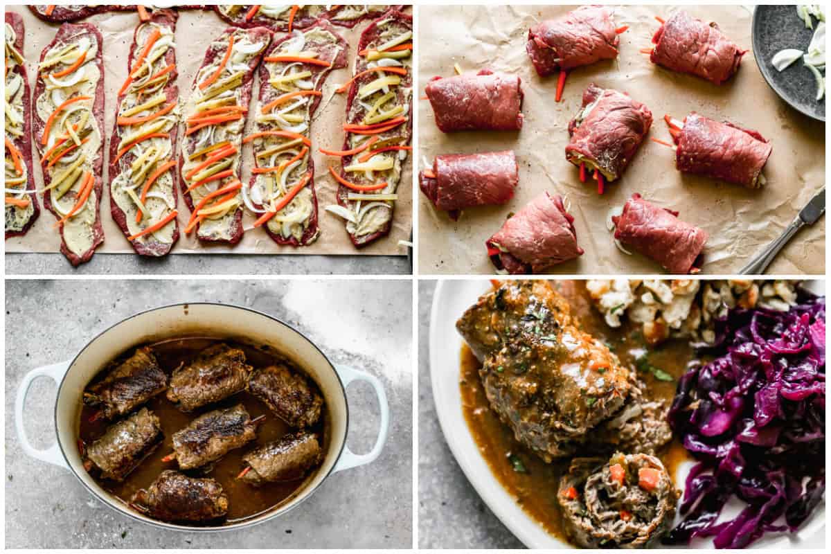 This German Rouladen recipe is easy and impressive to make with thin slices of meat stuffed and slow braised. Serve it with spaetzle and german cabbage for a truly remarkable dinner!