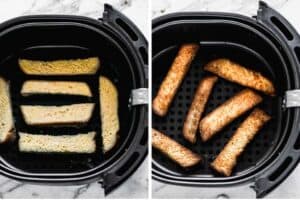 Dipped pieces of bread added to an air fryer basket, then air fried until crispy Air Fryer French Toast.