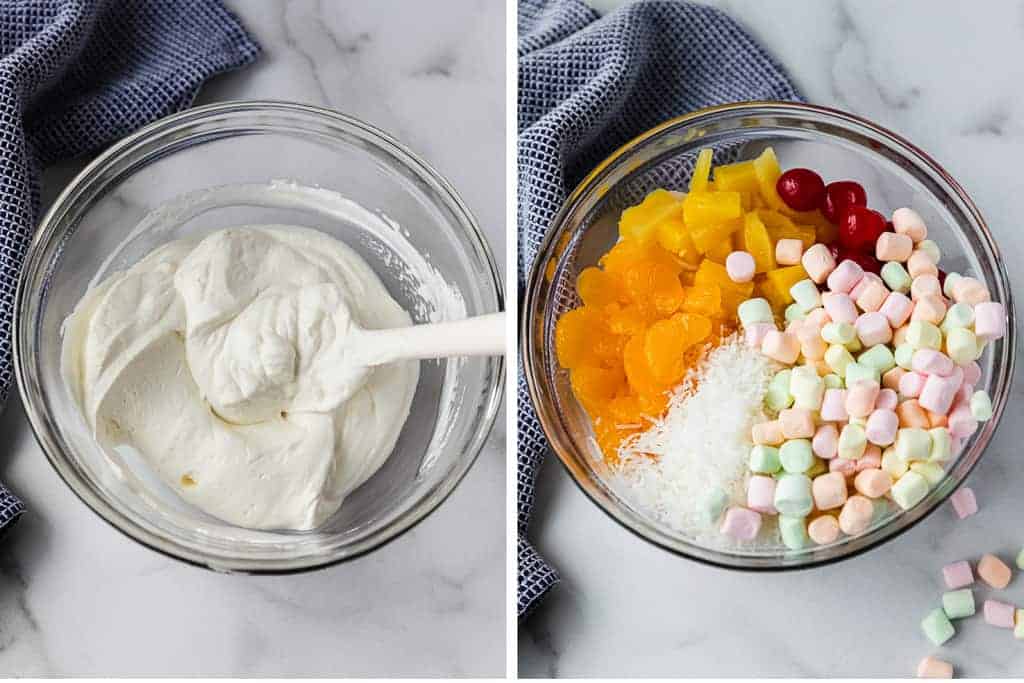 Fresh whipped cream in a bowl next to another bowl with the ingredients for Ambrosia Fruit salad (marshmallows, shredded coconut, mandarin oranges, pineapple tidbits and maraschino cherries).