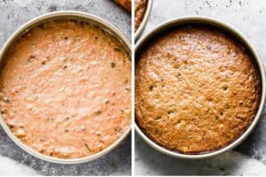 A round cake pan with carrot cake batter next to another photo of the baked cake in the cake pan.