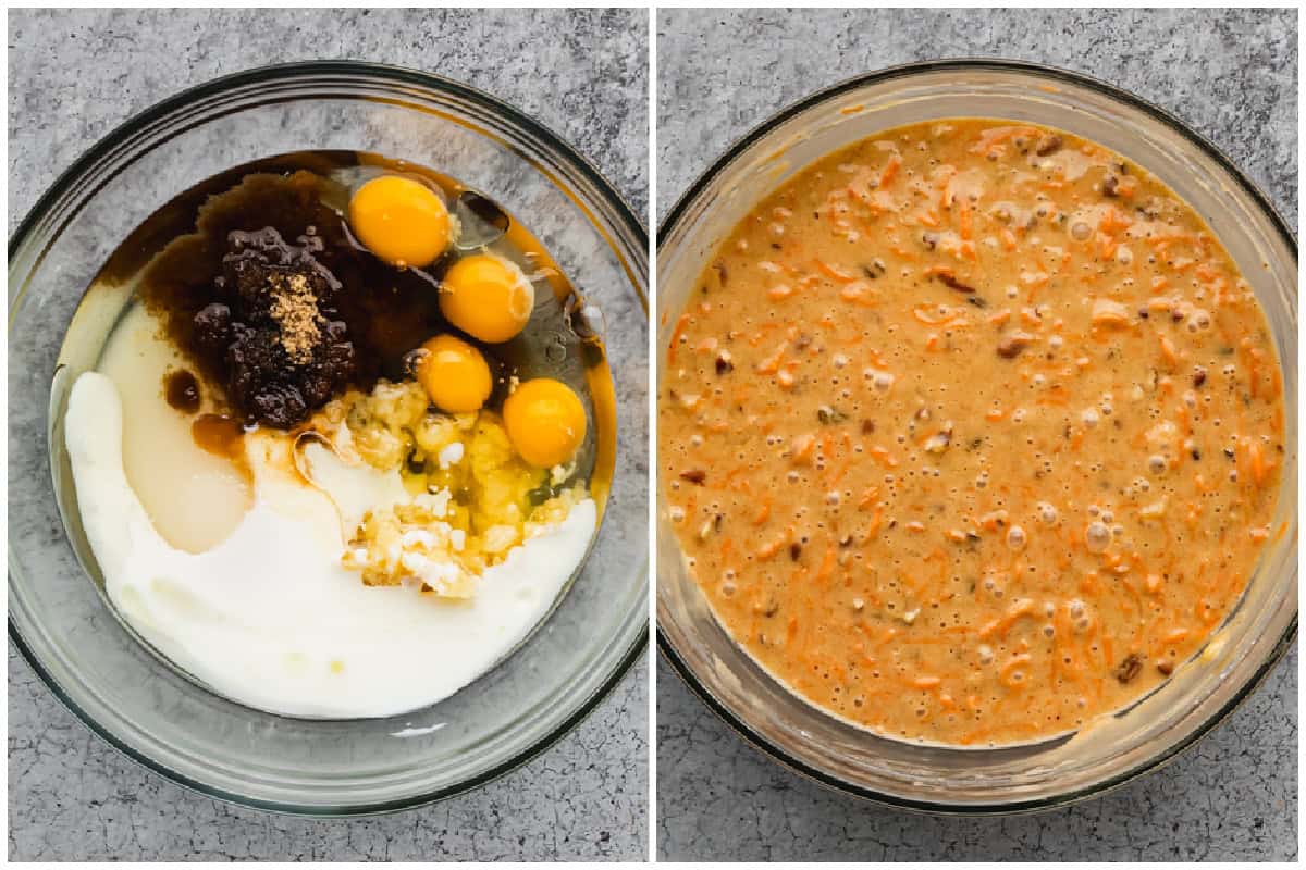 Two images showing how to make carrot cake by mixing the liquid ingredients together then after the rest of the ingredients are added.