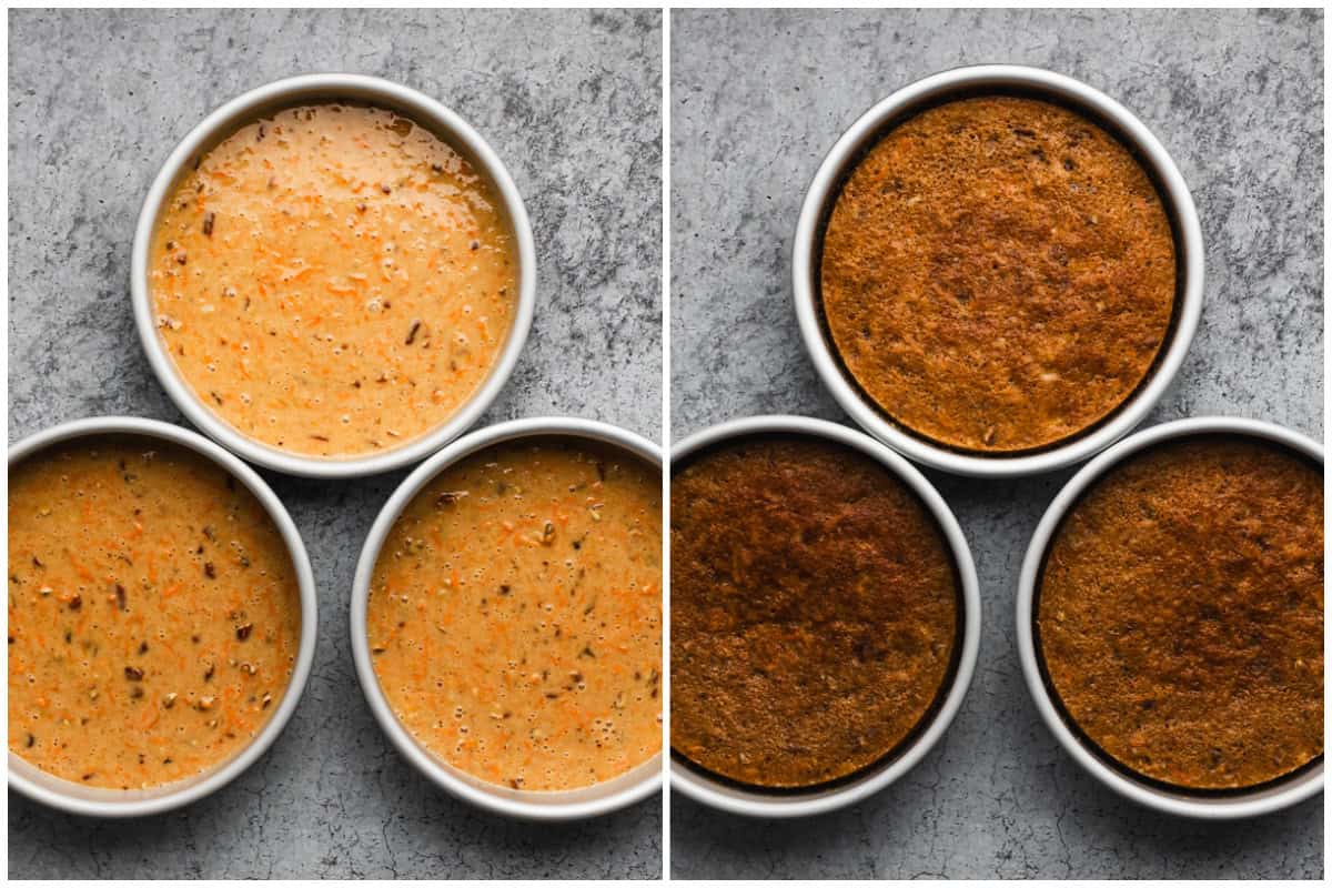 Two images showing homemade carrot cake divided into three cake rounds, before and after baking.