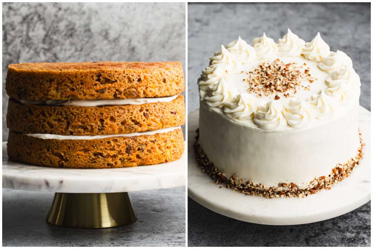 Two images showing carrot cake with pineapple, buttermilk, and the perfect balance of flavors before and after it's frosted with cream cheese frosting.