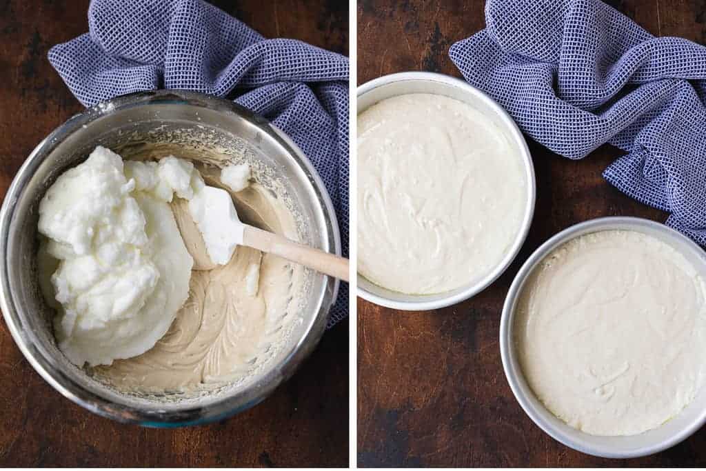 Coconut cake batter with egg whites being mixed in, then the batter poured into two round cake pans.