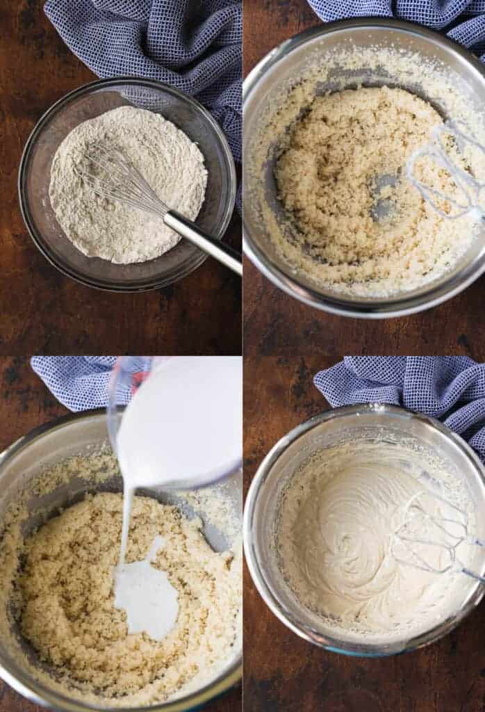 Quatre photos de processus pour faire la pâte pour gâteau à la noix de coco dans un bol à mélanger.