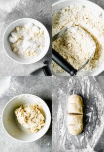 Four process photos of making shortcrust for Cornish pasties, in a mixing bowl.