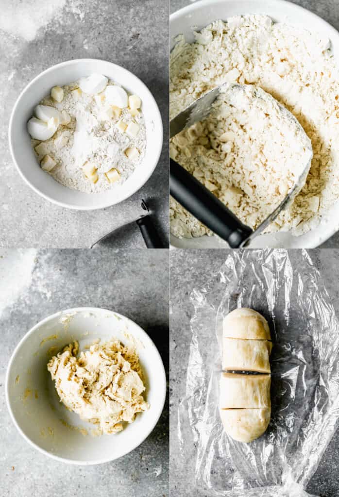 Quatre photos de processus de fabrication de pâte brisée pour pâtés de Cornouailles, dans un bol à mélanger.