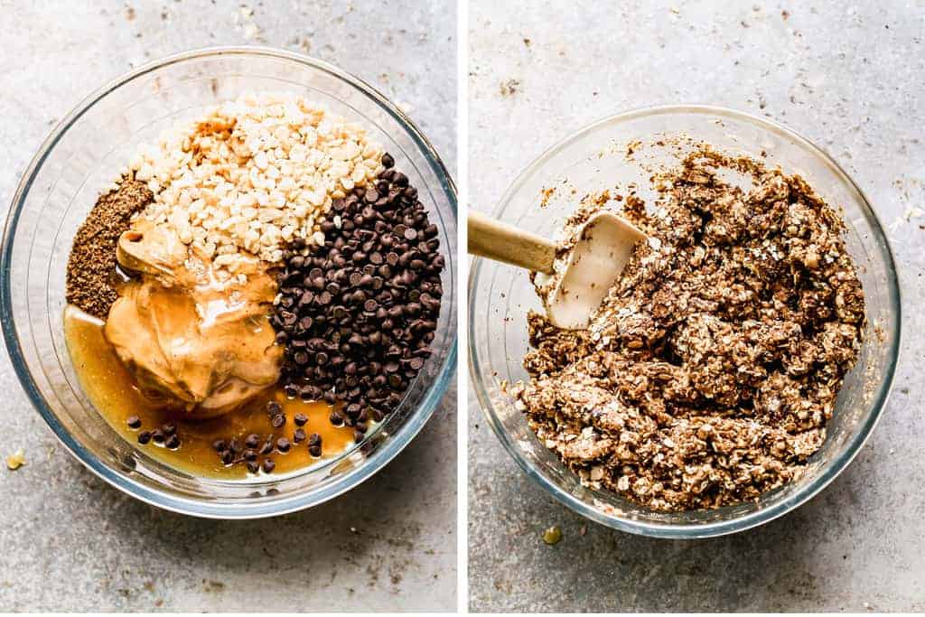 Two process photos for adding granola ball ingredients to a bowl, then mixing them together.