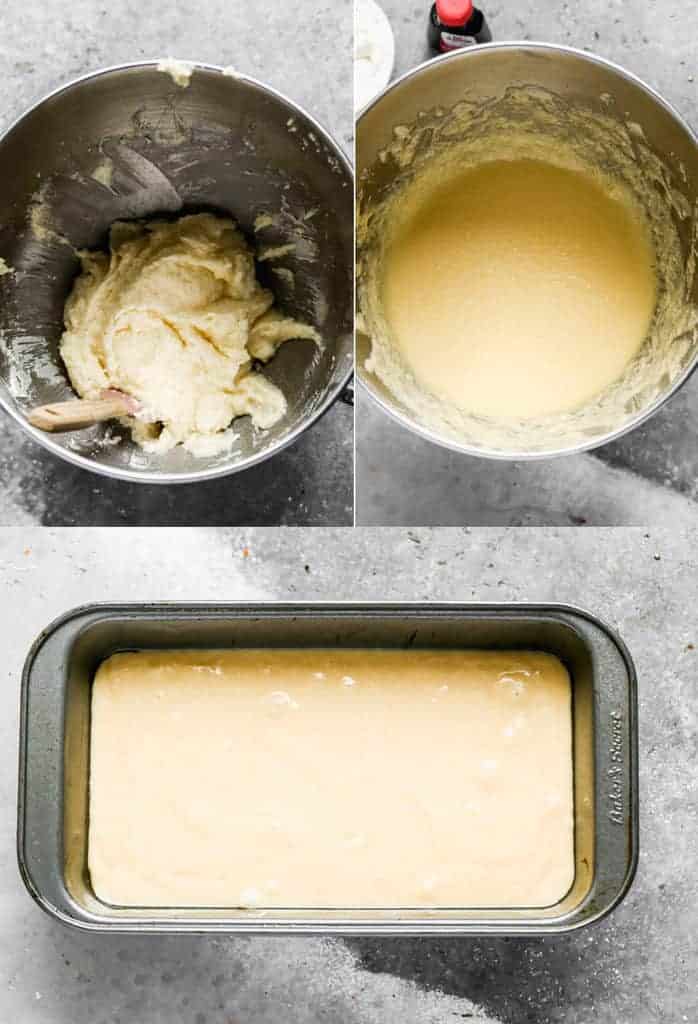 Three process photos for making the batter for sour cream pound cake and pouring it into a loaf pan.