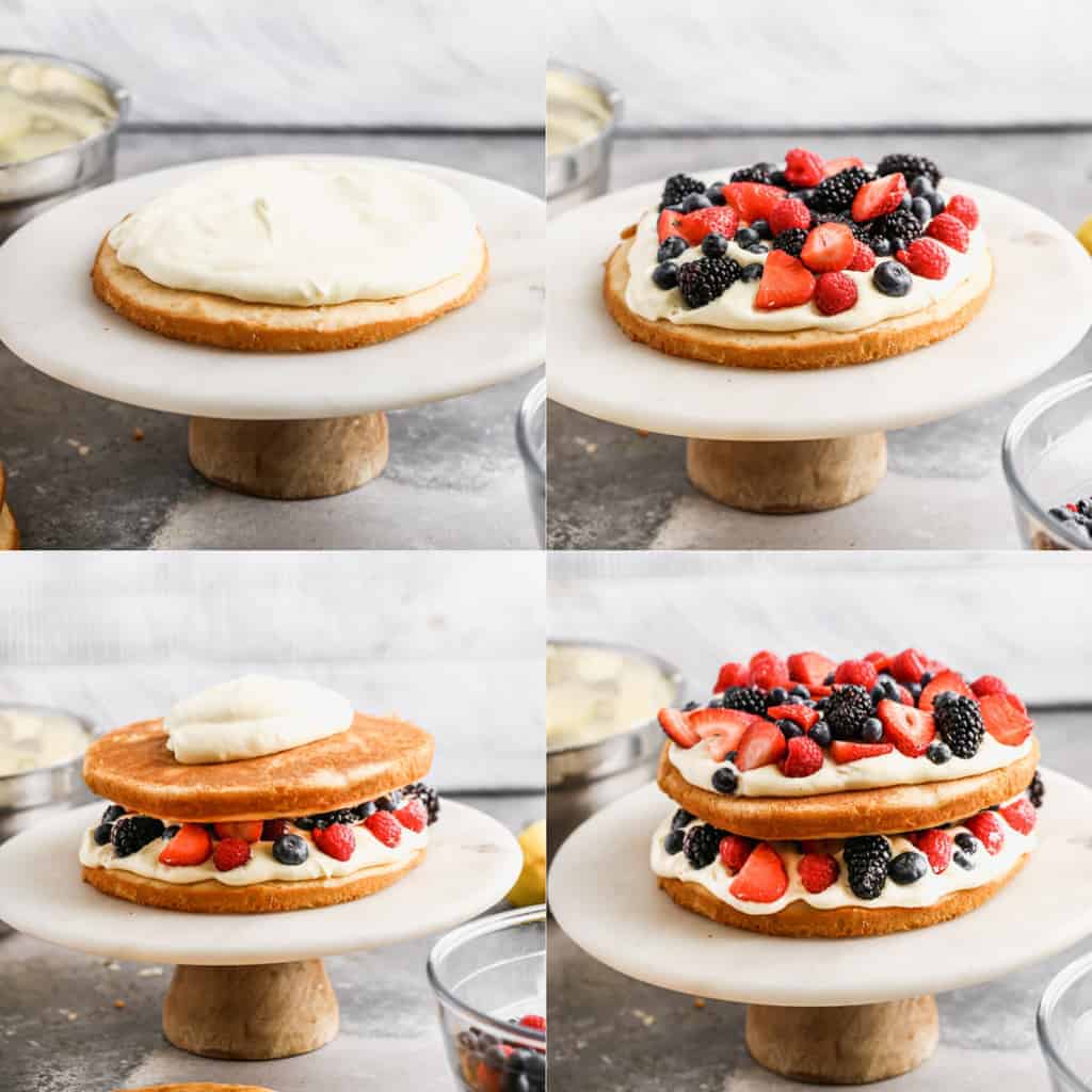 Four process photos for assembling a naked Berry Cake.