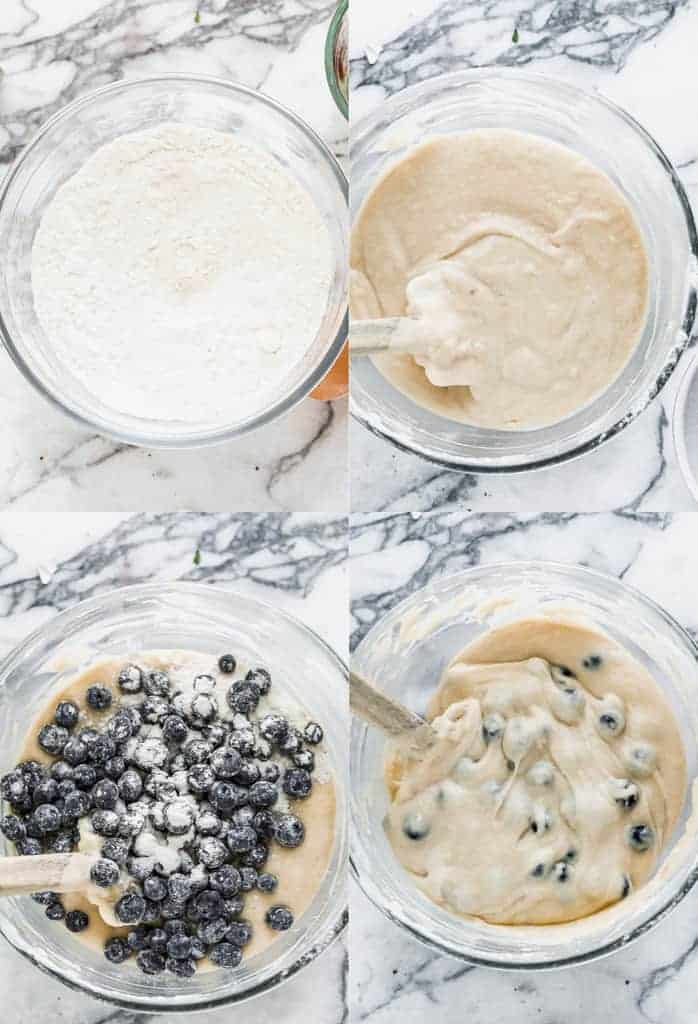 Four process photos for making blueberry muffin batter in a mixing bowl.