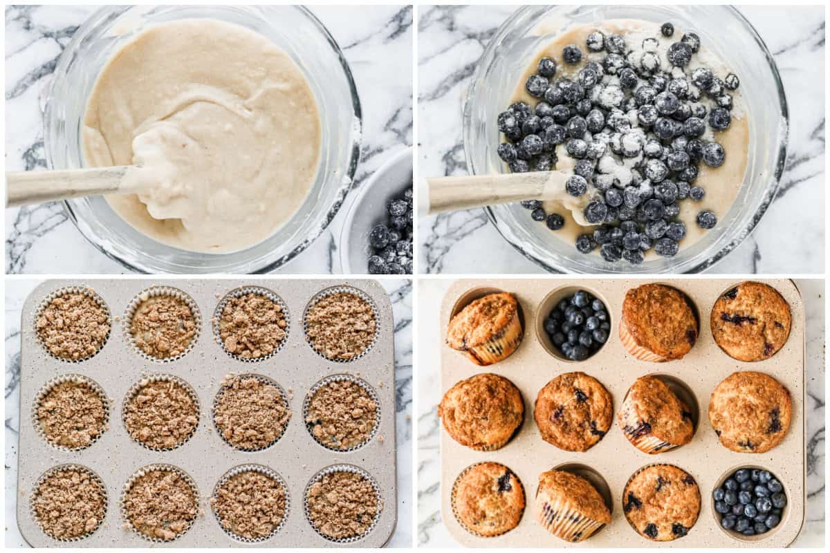 Homemade Blueberry Muffins made with a simple from scratch batter, fresh or frozen blueberries and a crumble topping just like the bakery. 
