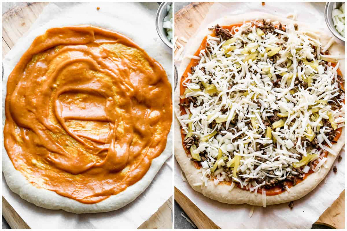 Two images showing how to make Papa John's cheeseburger pizza recipe by spreading special sauce on top of a pizza crust then topping with mozzarella cheese, ground beef, pickles, and onion.