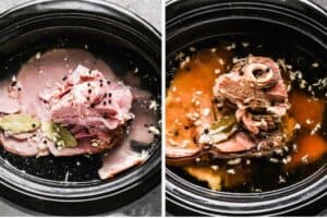 Ham bone in a slow cooker, covered with water and spices, next to a photo of the slow cooker with cooked ham bone broth in it.