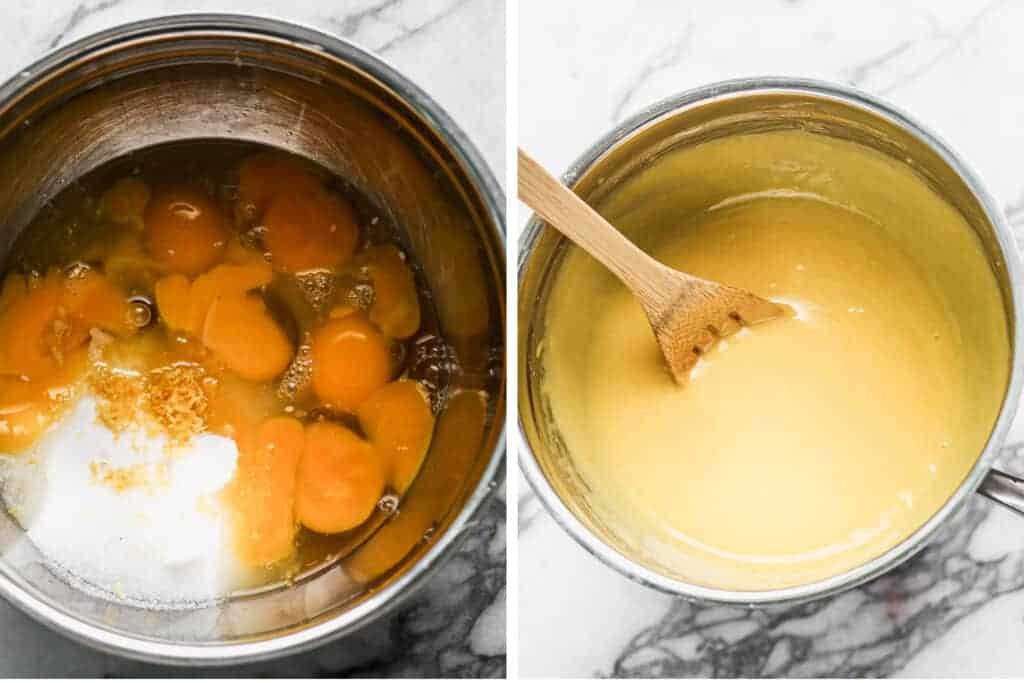 Egg yolks, sugar, lemon juice and zest in a bowl, then cooked over a bowl of simmering water.